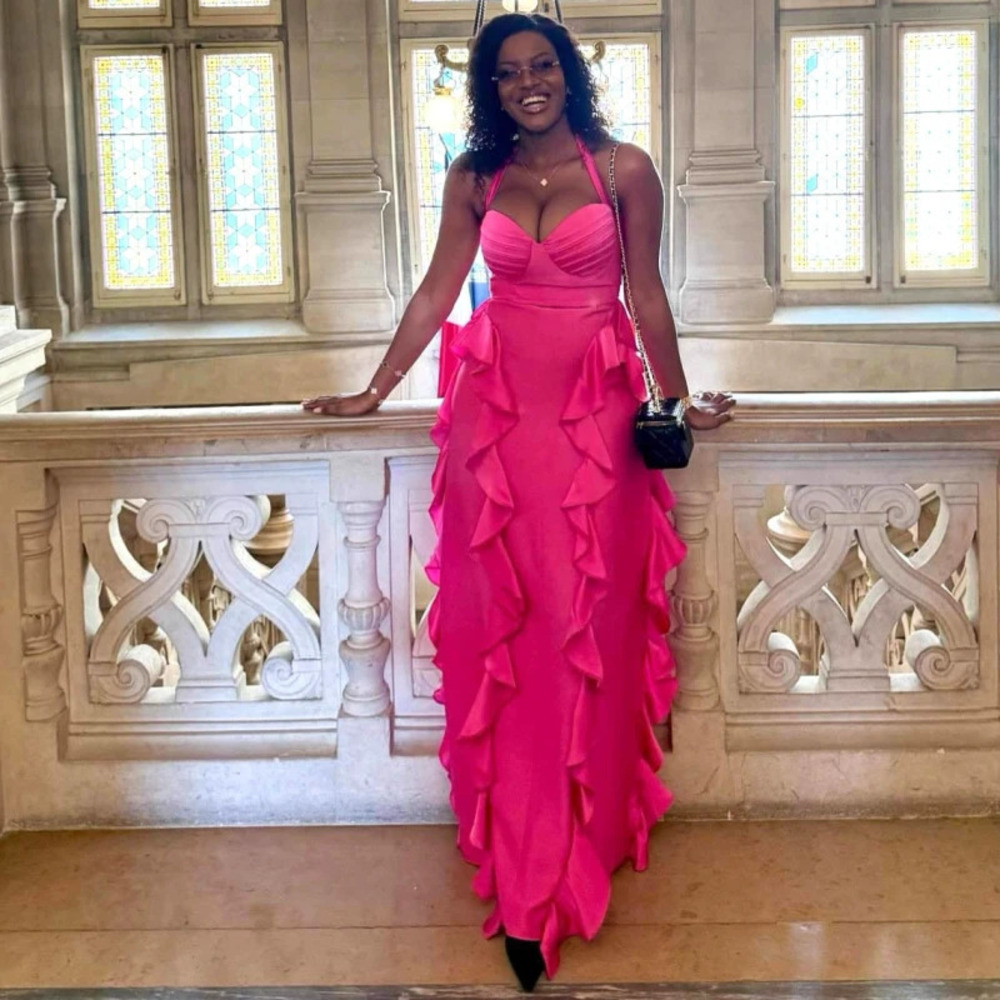 ZARA Elegant Sexy Halter Neck Ruffle Slimming African Solid Color Dress - Picture 6 of 6